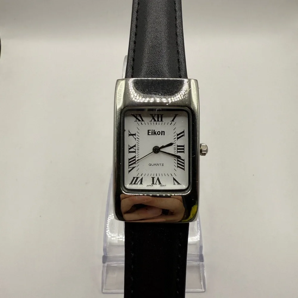 Eikon Women's Watch Black Band Silver Rectangle Bezel (New Battery)